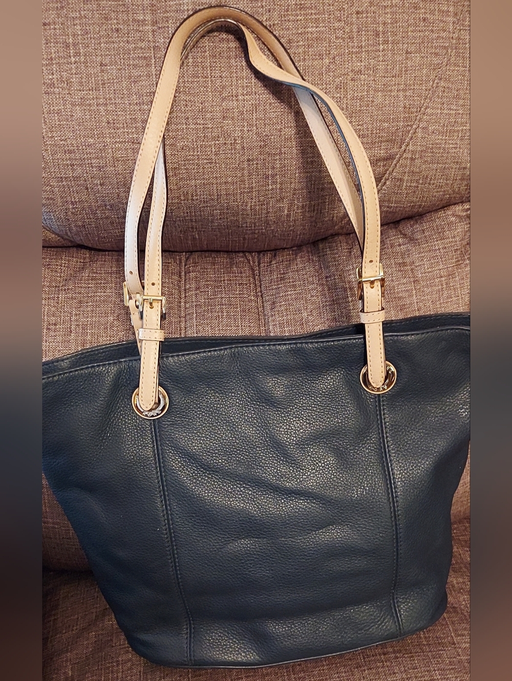 Michael Kors Navy Tote Purse with Cream Straps